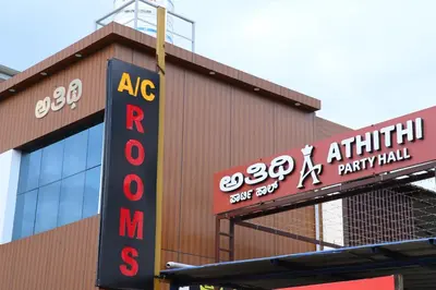 a building with a sign that reads acrohibition and a party mall at Athithi Comforts in Mysore