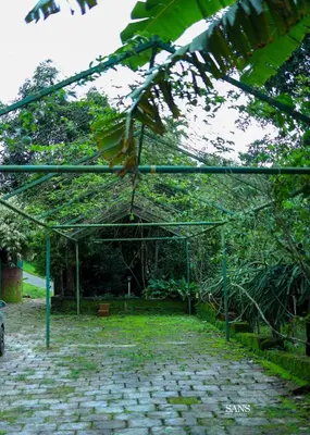 a pavilion with a stone path in a garden at Paddy Land in Wayanad