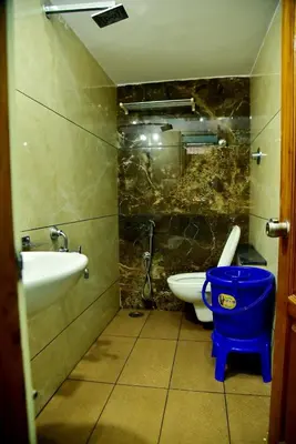 a bathroom with a sink and a toilet in it at Mysuru Family Home Stay in Mysore