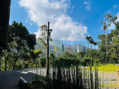 a fence in front of a field with flags at Bambus Alley in Wayanad
