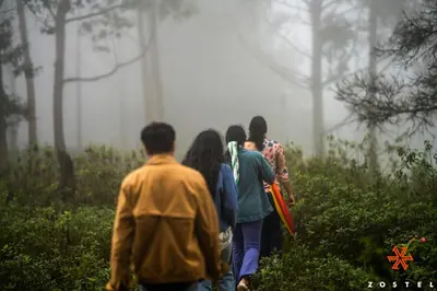 a group of people walking down a trail in the fog at Zostel Kodaikanal, Vilpatti in Kodaikānāl