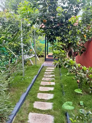 a garden with stone paths in an apple orchard at Skylark Home in Mananthavady