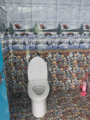 a bathroom with a toilet with a mosaic wall at Nachiyar Hotel in Kanthalloor