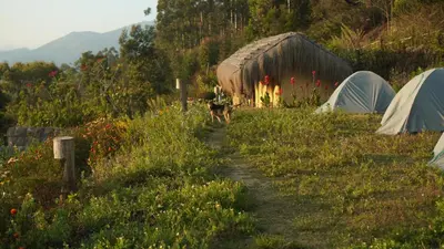 a person walking down a path next to tents at EKa Forest in Vattavada