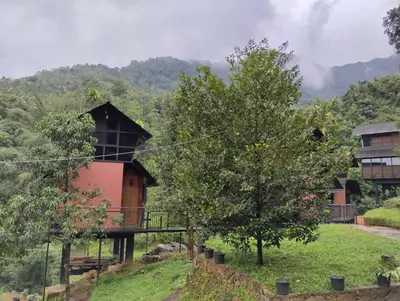 a small house on a hill with a tree at Moonrise Valley Freshwave Resorts Pvt Ltd in Koroth