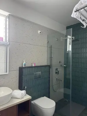 a bathroom with a shower and a toilet and a sink at Event House, Mysore in Mysore