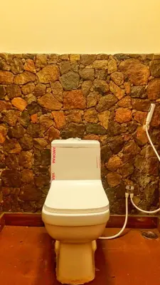 a white toilet sitting in front of a stone wall at Rangers Nest Bandipur in Gundlupet