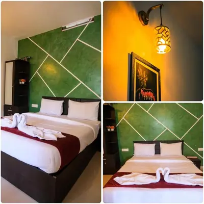 three pictures of a hotel room with two beds at Skyfall adventure rooms in Meppādi