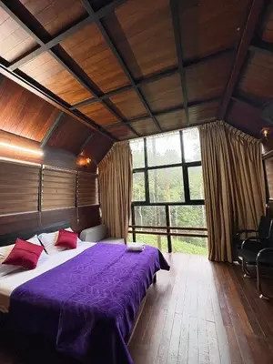 a bedroom with a bed with a purple blanket at Fresh Wave Resort And Pool Villa Soochipara in Meppādi