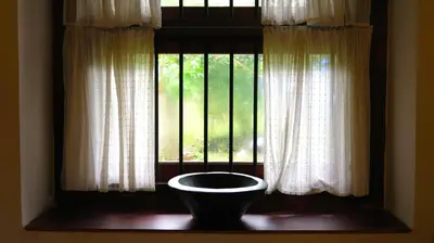 a window with a bowl in front of it at Clayfingers Art Cottage in Trichūr