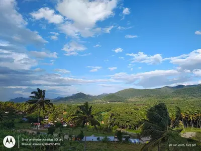 a view of palm trees and mountains under a blue sky at Bhasuri Non-AC Room in Agali