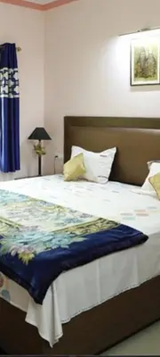 a bedroom with a large bed with a blue blanket at North star in Mysore
