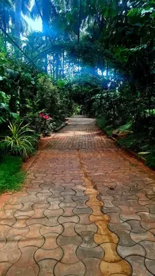 a brick path in a garden with trees and plants at NesaraVana - Ecostay in Hārohalli