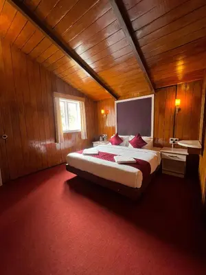 a bedroom with a large bed in a wooden room at The Groot in Ooty