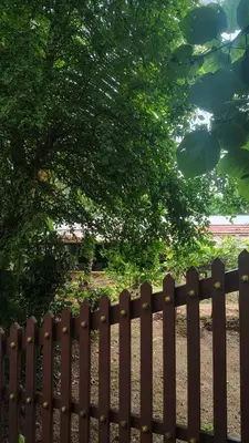 a wooden fence in front of a tree at Casa Areca in Cheruthuruthi