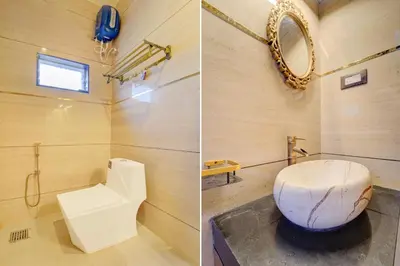 two pictures of a bathroom with a toilet and a mirror at Palette Peace Village by CheckIn | Garden | Breakfast | Erode in Erode