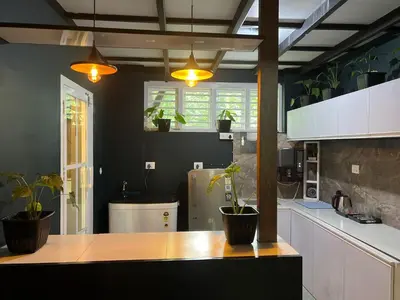 a kitchen with potted plants sitting on a counter at The Stellar By Stayzi in Nilambūr