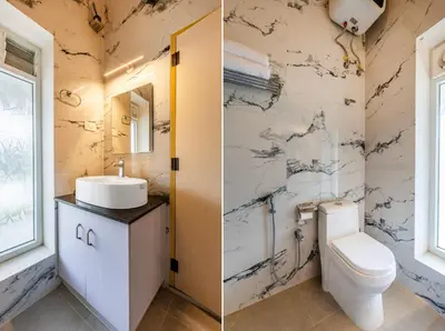 two pictures of a bathroom with a toilet and a sink at Riverstone Haven in Kotagiri