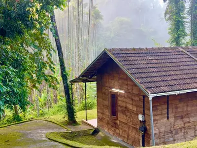 a small building in the middle of a forest at Karlad Lake Palace Waterfront Resort by stayRAa in Tariyod