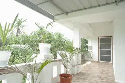 a hallway with potted plants on a white wall at Willy's Home Stay in Parūr