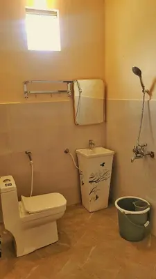 a bathroom with a toilet and a sink and a mirror at Eden Garden Bandipur Tiger Reserve in Gundlupet
