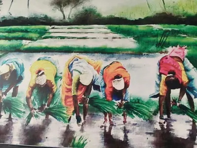 a painting of a group of people planting trees at Hotel Nirmal Cottage Gobichettipalayam in Siruvalūr