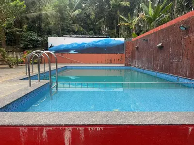 a swimming pool with a fence and aicrobialicrobialicrobial at Wayanad Shas Villa in Padinjarathara