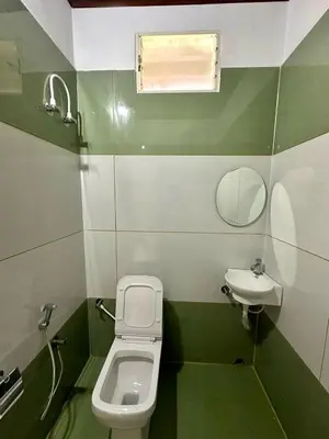 a green and white bathroom with a toilet and sink at Leaf links Coorg in Siddapur