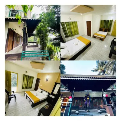 a collage of four pictures of a hotel room at Chillwind Service villa in Padinjarathara