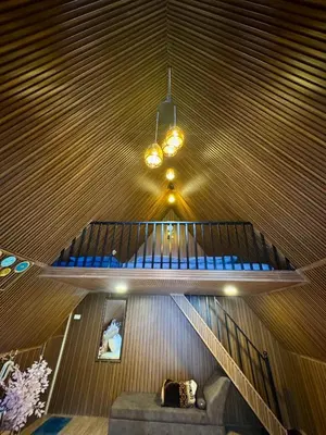 a ceiling with a chandelier and a couch in a room at Wings Cottage in Ooty