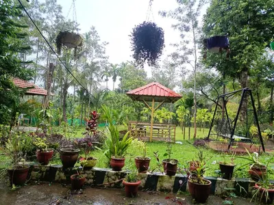 a garden with potted plants and a swing at Manna Homestay coorg in Kushālnagar