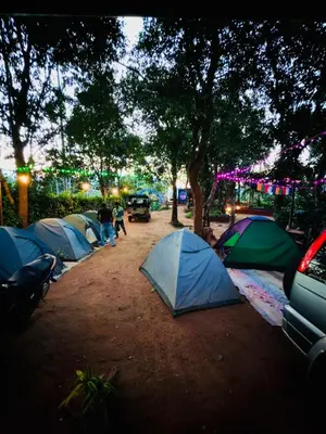 a group of tents in a field with trees at Happy Feet Wayanad in Vaduvanchal
