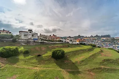 a green hill with houses and a city in the background at Treebo Lumino Crown, 850 Meters From Ooty Lake in Ooty