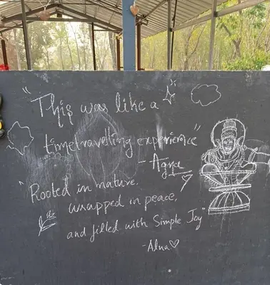 a chalk board with a drawing of a man on it at The Cool Cottage at gaya3farms in Palakkad