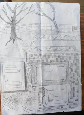 a drawing of a building with trees in the background at The Cool Cottage at gaya3farms in Palakkad