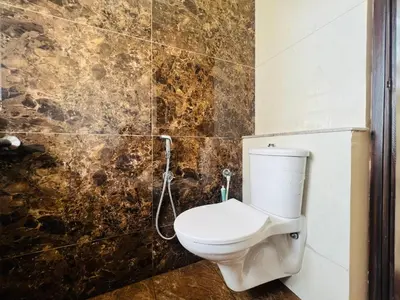a bathroom with a white toilet in a room at Green Heaven Mysore Homestay in Mysore