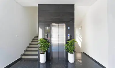 a hallway with two potted plants and a staircase at Treebo Global Orchid in Mysore