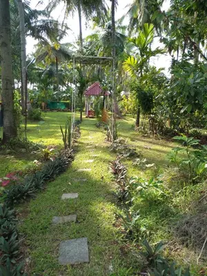 a path through a garden with a small house in the background at Avichala in Mysore