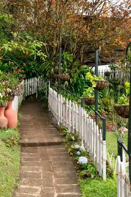 a white picket fence and a path in a garden at SaffronStays Oakridge Cottage in Coonoor