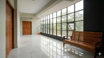 a hallway with a bench in a building with windows at SAIS LINE Residency in Kozhikode