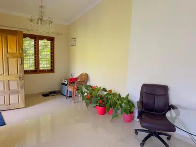 a living room with a chair and potted plants at Whitelily's Amrithasthanam in Madikeri