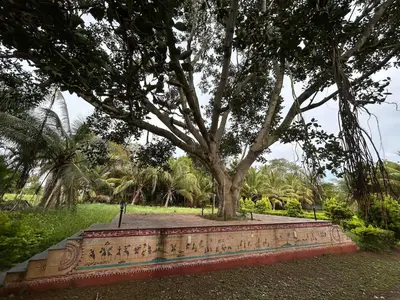 a park with a tree and a stone wall at NATUREs LAP FARM STAY Mysore in Mysore