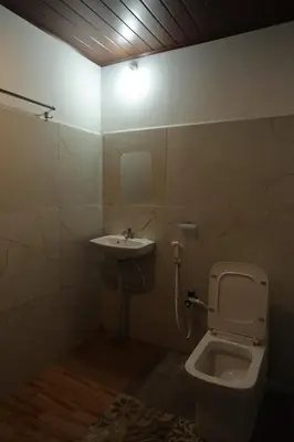a bathroom with a sink and a toilet and a light at Coorg Backwaters in Suntikoppa