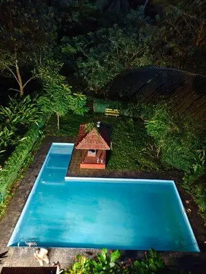 an overhead view of a small house next to a swimming pool at Ponkunnu Farmstay and Resorts - Emerald - The Tree House - Ground Floor in Bālūssheri