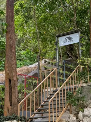 a staircase with a sign next to a tree at Rockviewstay in Kalpetta