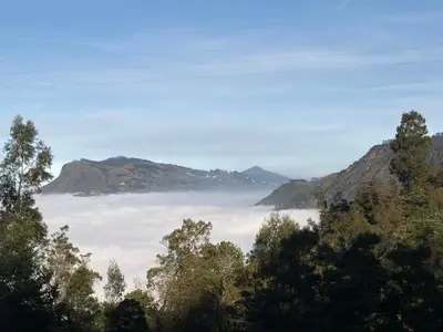a view of a foggy valley with trees and mountains at Kerith in Kodaikānāl