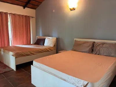 a bedroom with two beds and a window at Paddy Creek Jungle Resort Coorg in Virajpet