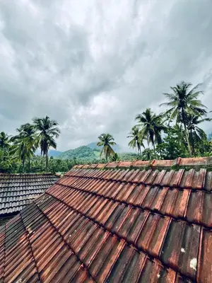 an old rusty roof with palm trees in the background at HARSHAM Eco Village in Puthuppādi