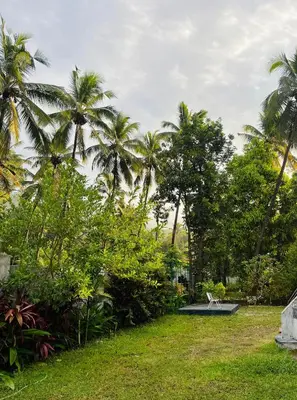 a park with palm trees and a bench in the grass at HARSHAM Eco Village in Puthuppādi