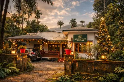 a house with a christmas tree in front of it at Nirvana Stays Banasura -Lotus in Wayanad